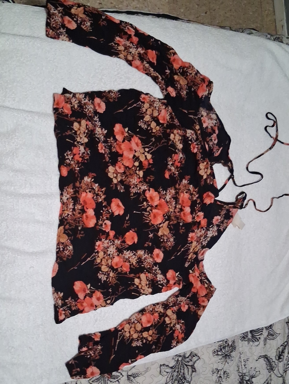 Mossimo Supply Co. Black Floral Tie-Front Blouse with Coral Accents